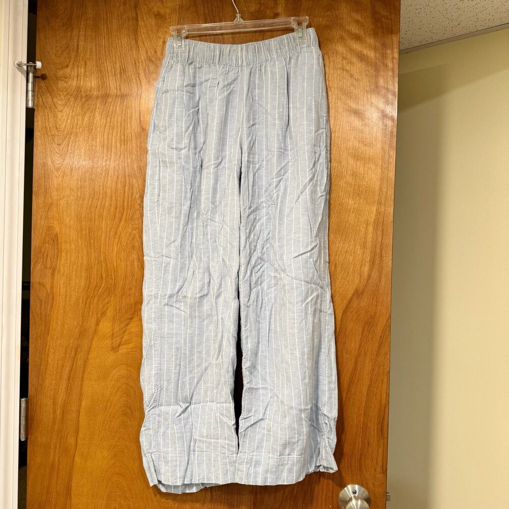 Abercrombie & Fitch Linen Blend Wide Leg Striped Pull On Pants Blue White SR l
